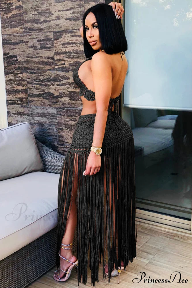 Crochet Bralette + Charming Tassel Maxi Skirt Set