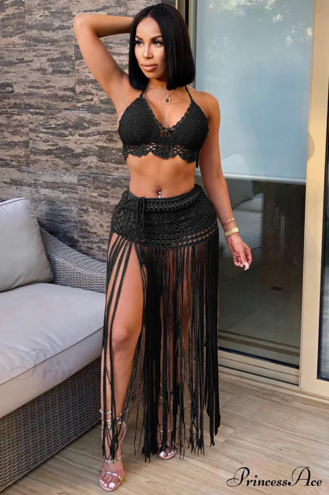 Crochet Bralette + Charming Tassel Maxi Skirt Set S / Black