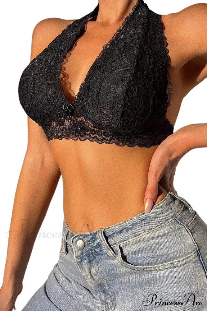 Crochet Bralette Halter Neck In Lace Black Lingerie