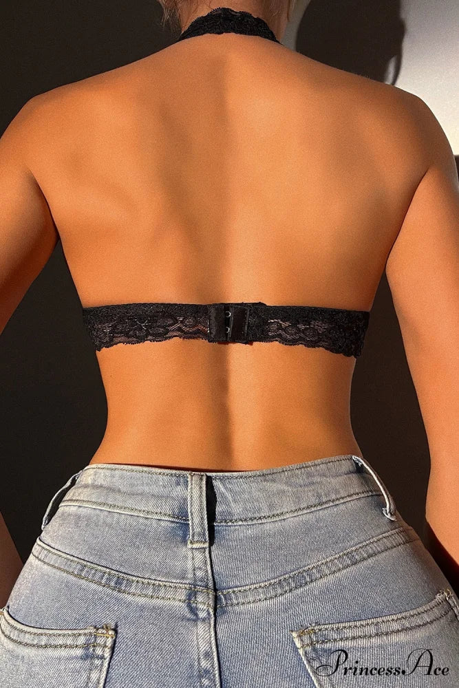 Crochet Bralette Halter Neck In Lace Black Lingerie
