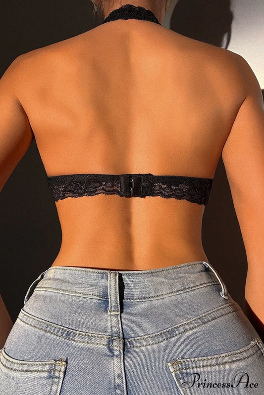 Crochet Bralette Halter Neck In Lace Black Lingerie