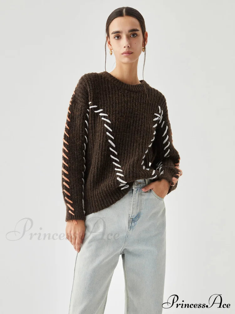Crocheted Contrast Trim Trendy Ribbed Knit Sweater Sweaters-L