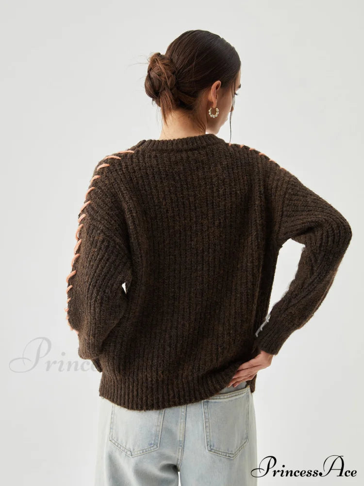 Crocheted Contrast Trim Trendy Ribbed Knit Sweater Sweaters-L