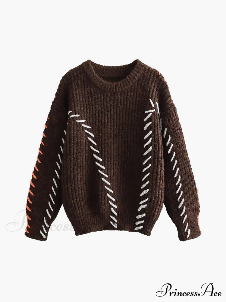 Crocheted Contrast Trim Trendy Ribbed Knit Sweater Sweaters-L