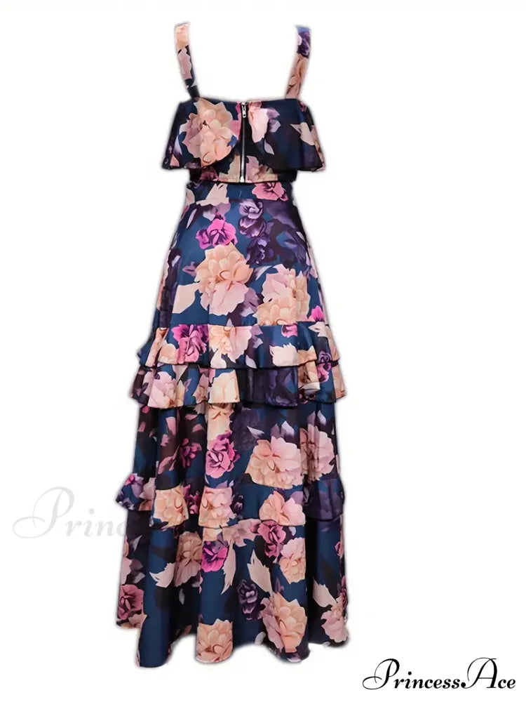 Crop Ruffles Flowered Skirt Two-Piece Tank Design Set M / Green Floral Chiffon Maxi Dress