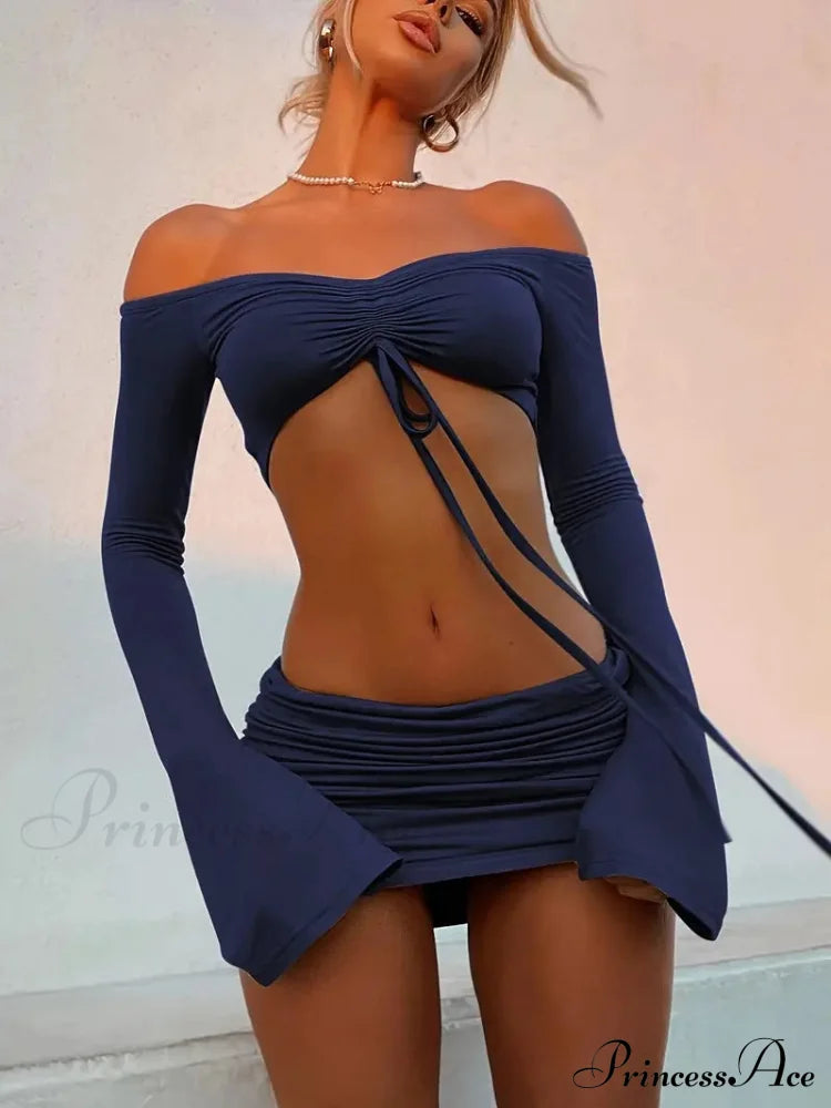 Crop Top And Bodycon Skirt Set With Drawstring Ruched Detail S / Black Outfits