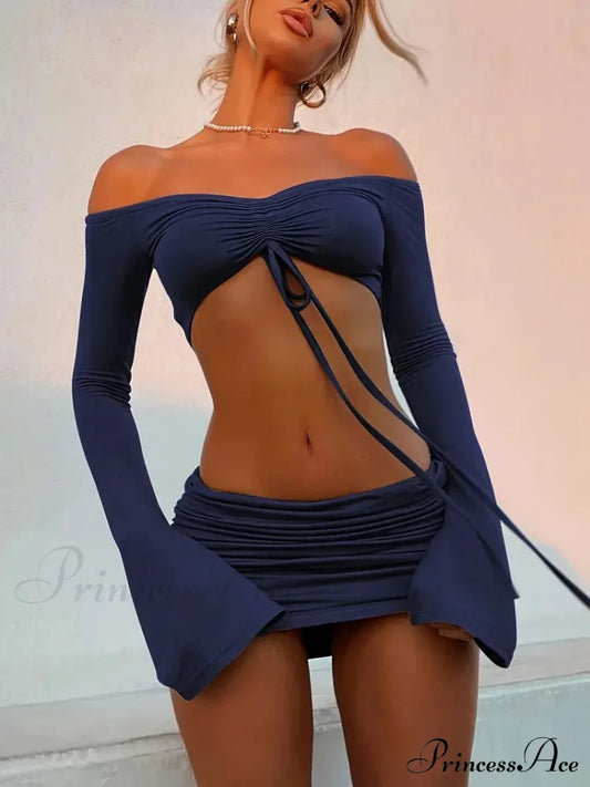 Crop Top And Bodycon Skirt Set With Drawstring Ruched Detail S / Black Outfits