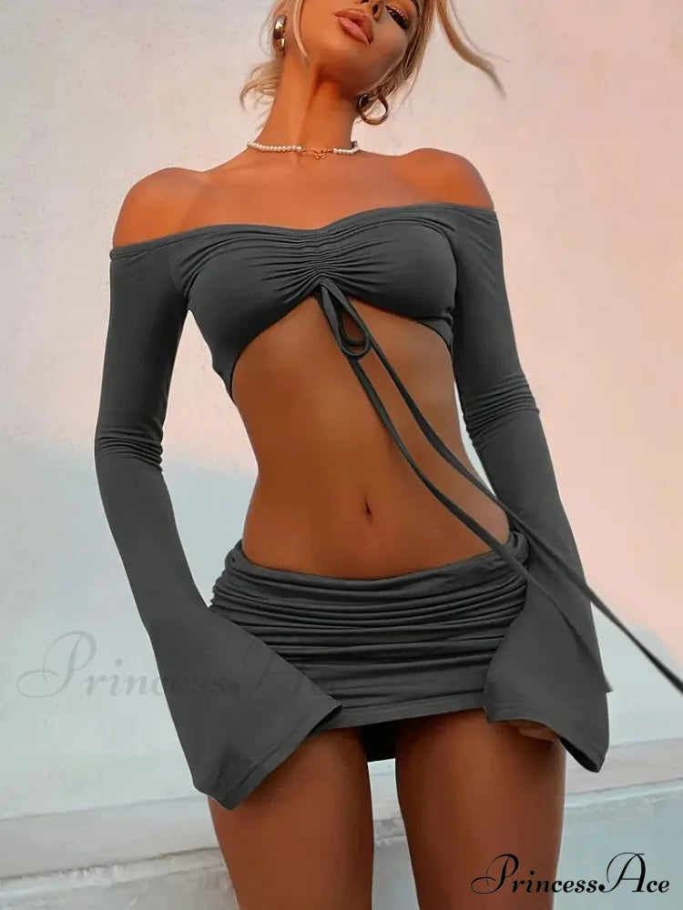 Crop Top And Bodycon Skirt Set With Drawstring Ruched Detail S / Pink Outfits