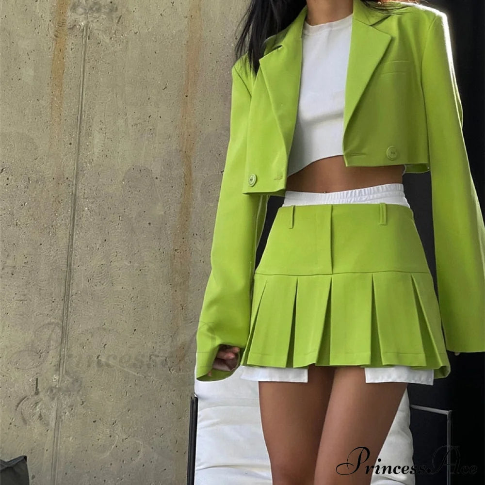Cropped Blazer And Charming Pleated Mini Skirt Set