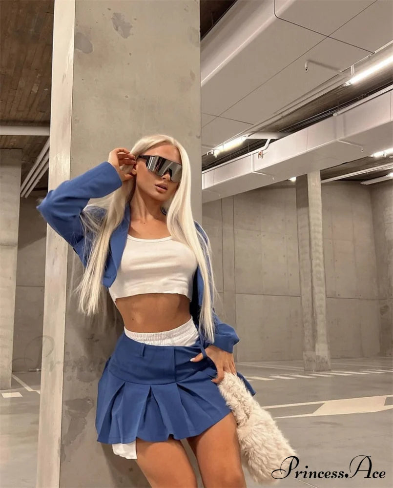 Cropped Blazer And Charming Pleated Mini Skirt Set