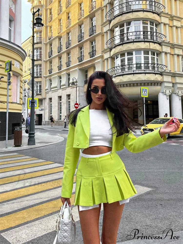 Cropped Blazer And Charming Pleated Mini Skirt Set
