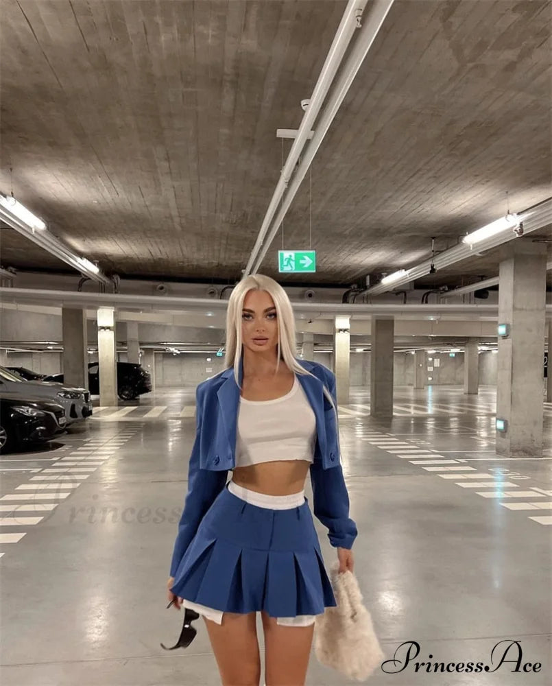 Cropped Blazer And Charming Pleated Mini Skirt Set