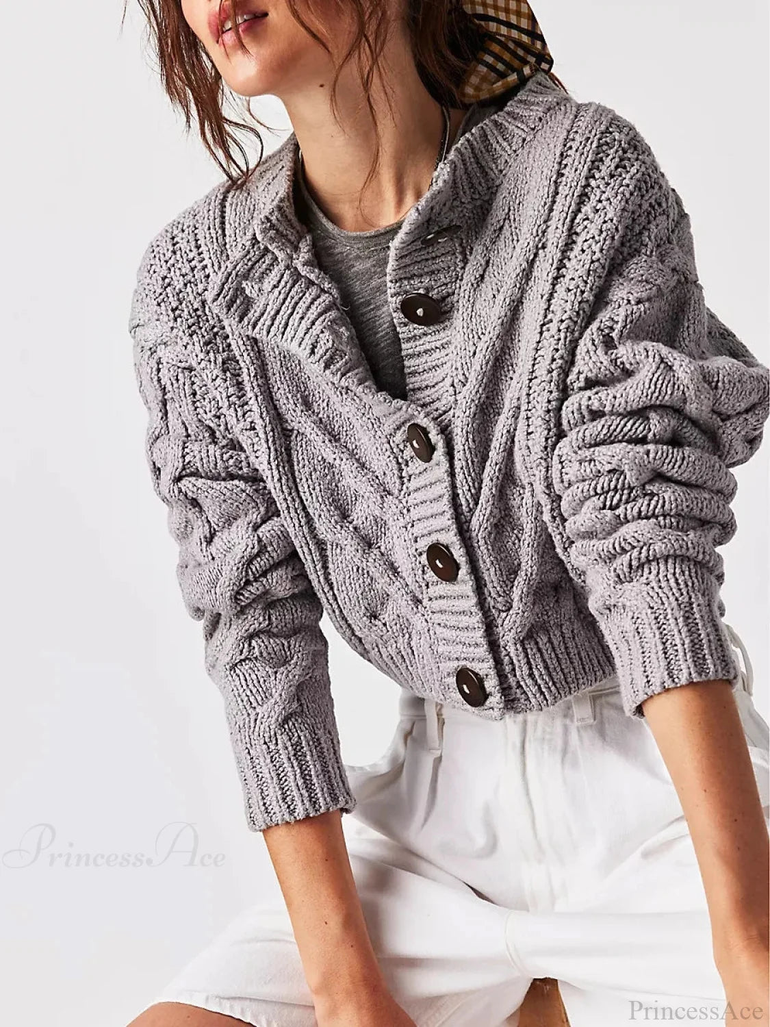 Cropped Cable Knit Button-Down Cardigan grey / S