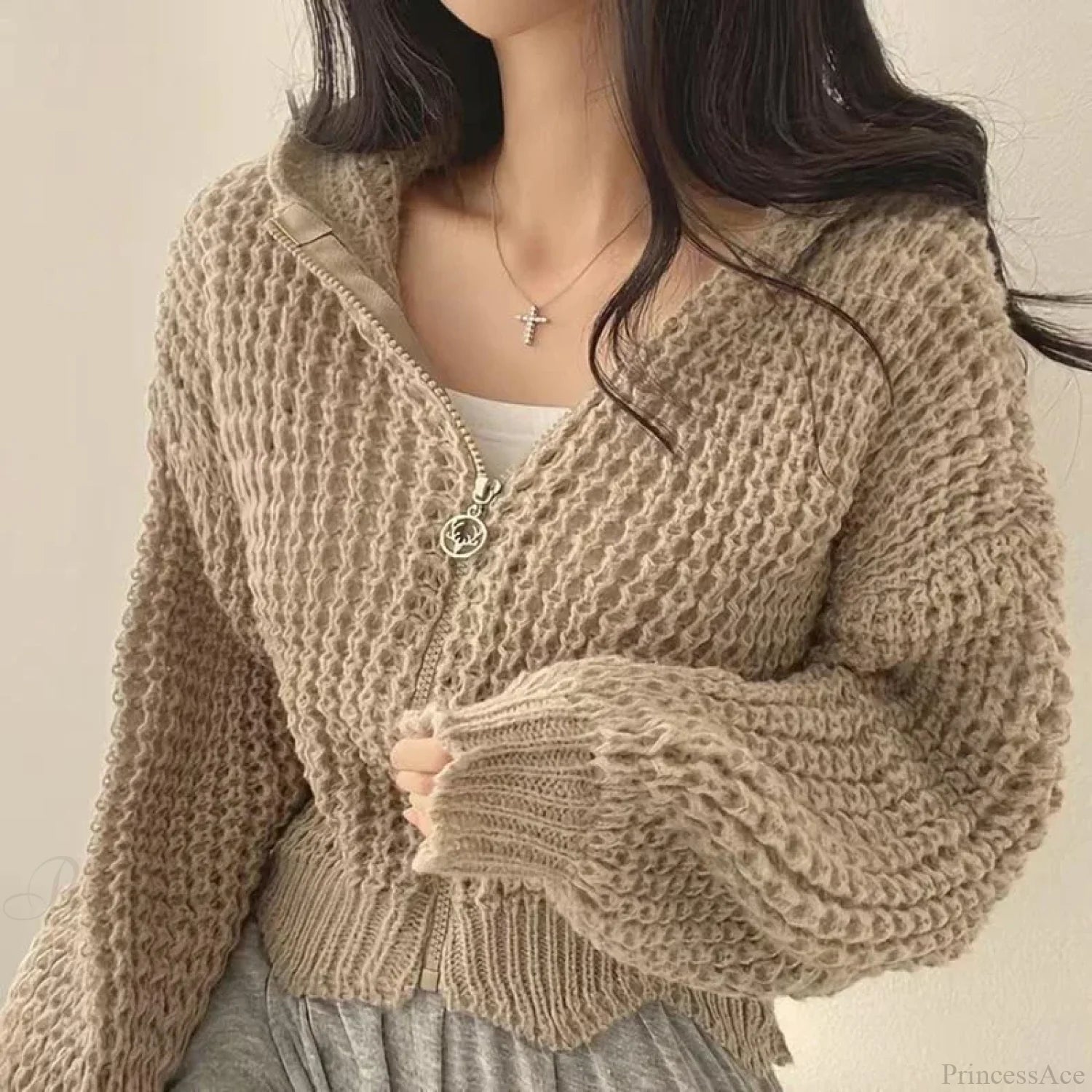 Cropped Hooded Hollow Out Knit Cardigan Khaki / S cardiagn-250126