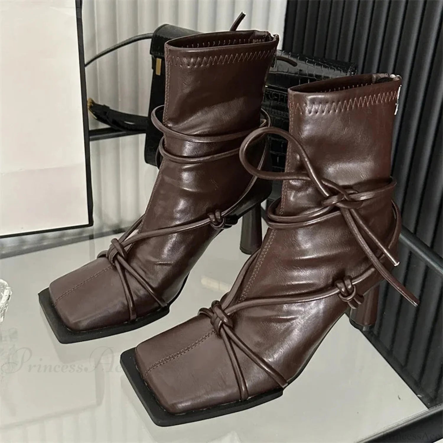 Cross-Band Square Toe Rebel Ankle Boot Brown / 35
