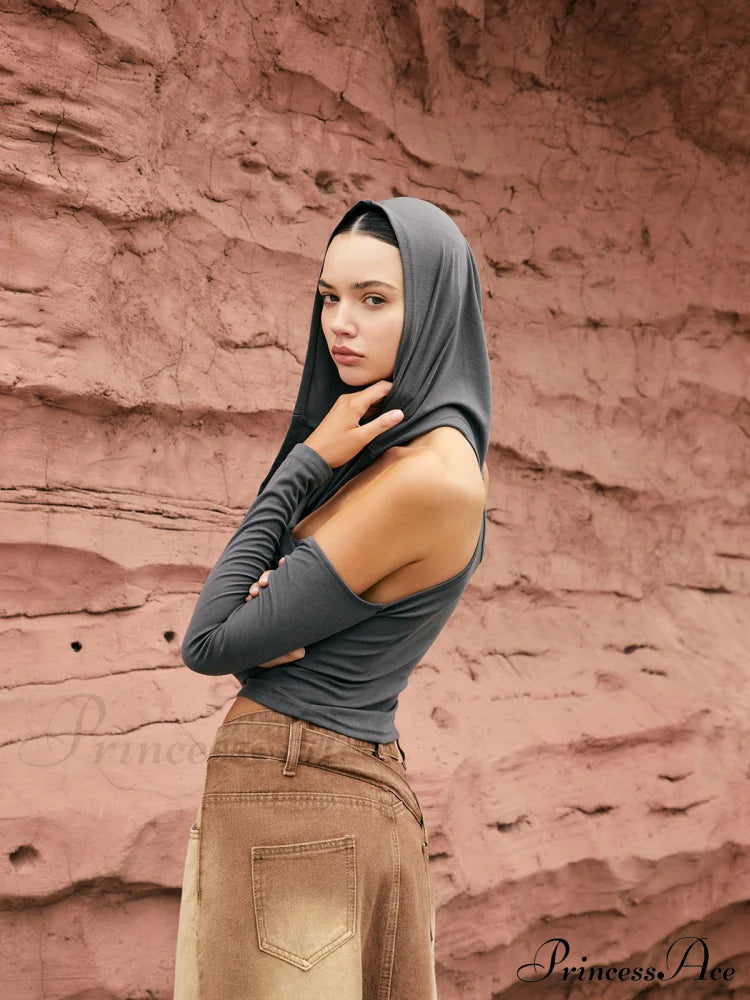 Cross-Over Neck Graceful Hooded Top T-Shirts