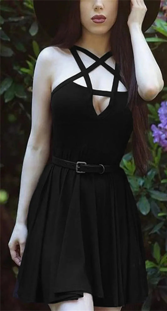 Cross Slim Bands Swing Mini Dress Black / S