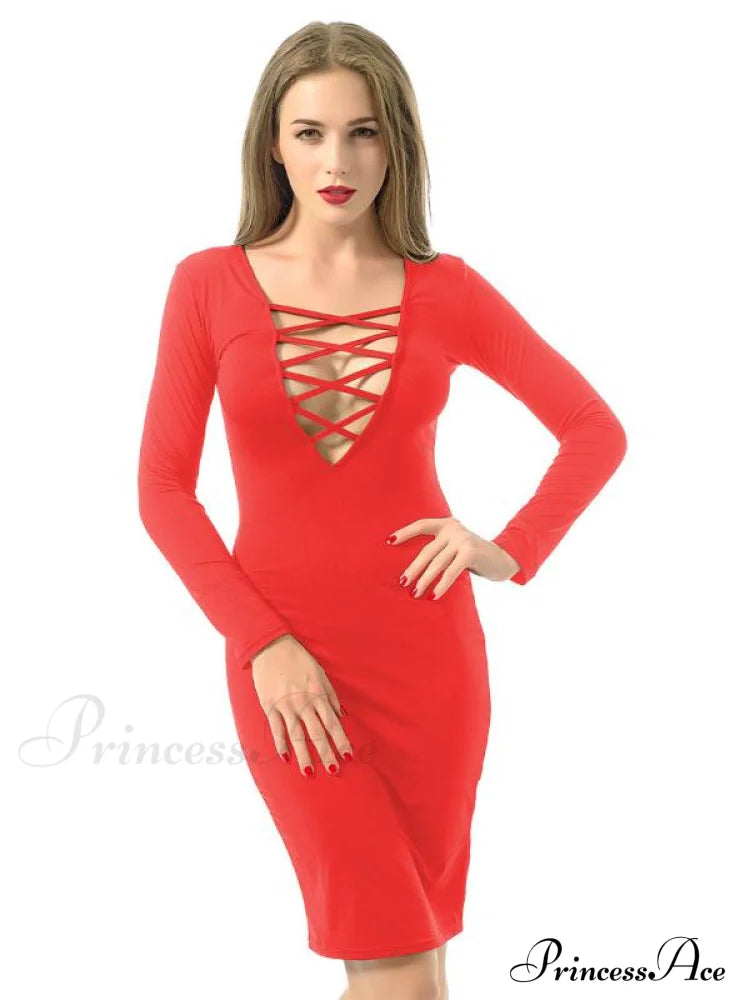 Cross Strap Nightclub Long Sleeve Dress S / Red Dresses