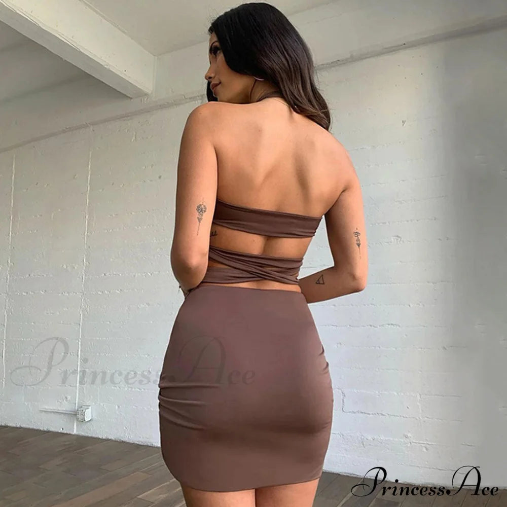 Crossed Halter Neck Lace Floral Classic Mesh Cropped Corset Top - White L / Coffee Matching Sets