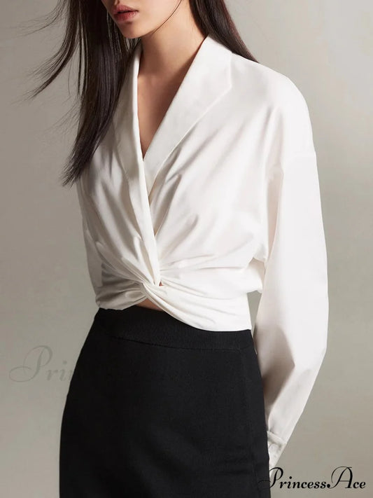 Crossover Twisted V-Neck Trendy Long Sleeve Shirt White / Xs Shirts