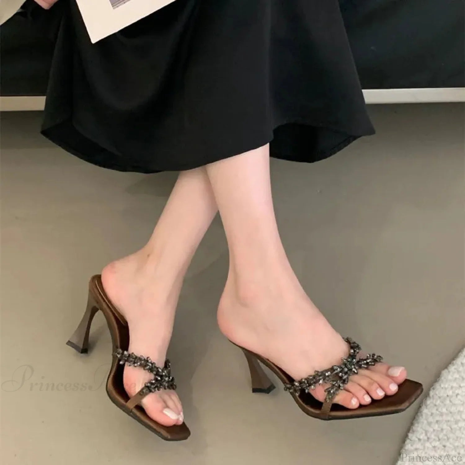 Crystal Gothic Sparkling Square Toe Tall Heel 9cm Coffee / 35