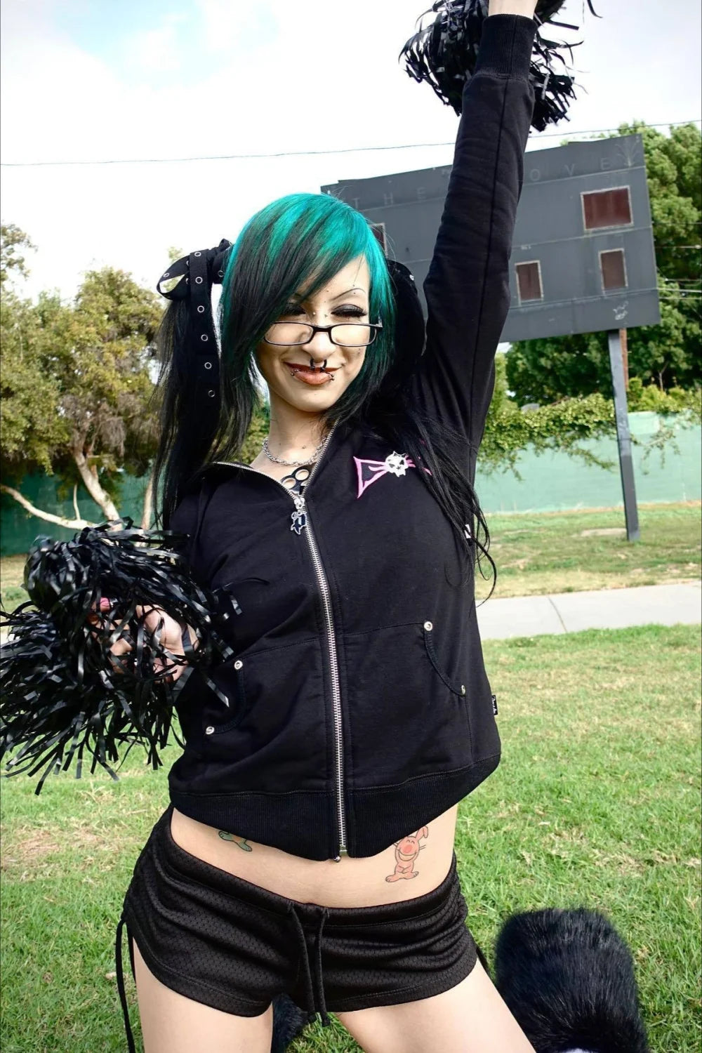Crystal Studded Zip Up Hoodie Black / S