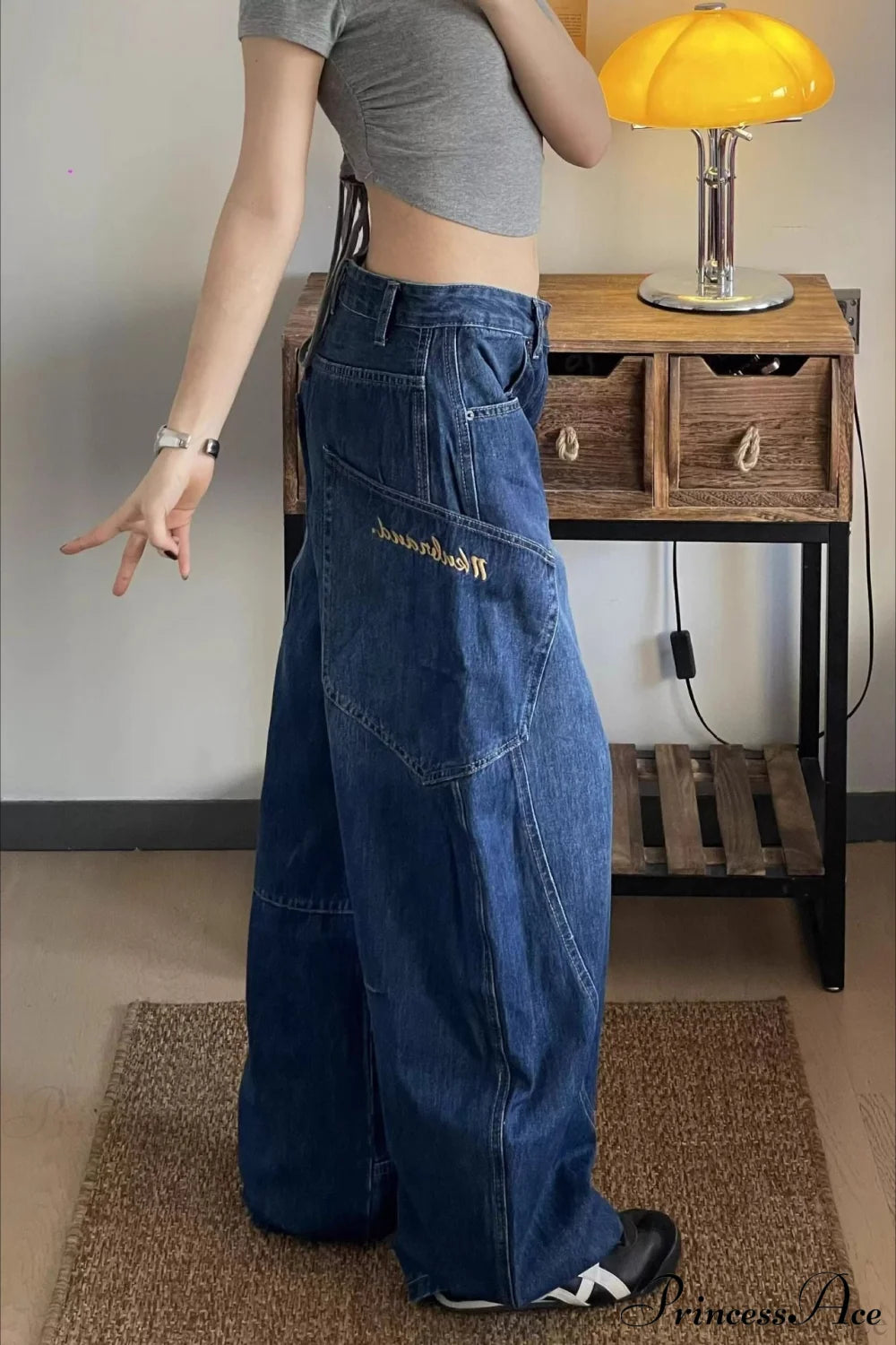 Curved Denim High Waist Loose Cargo Pants