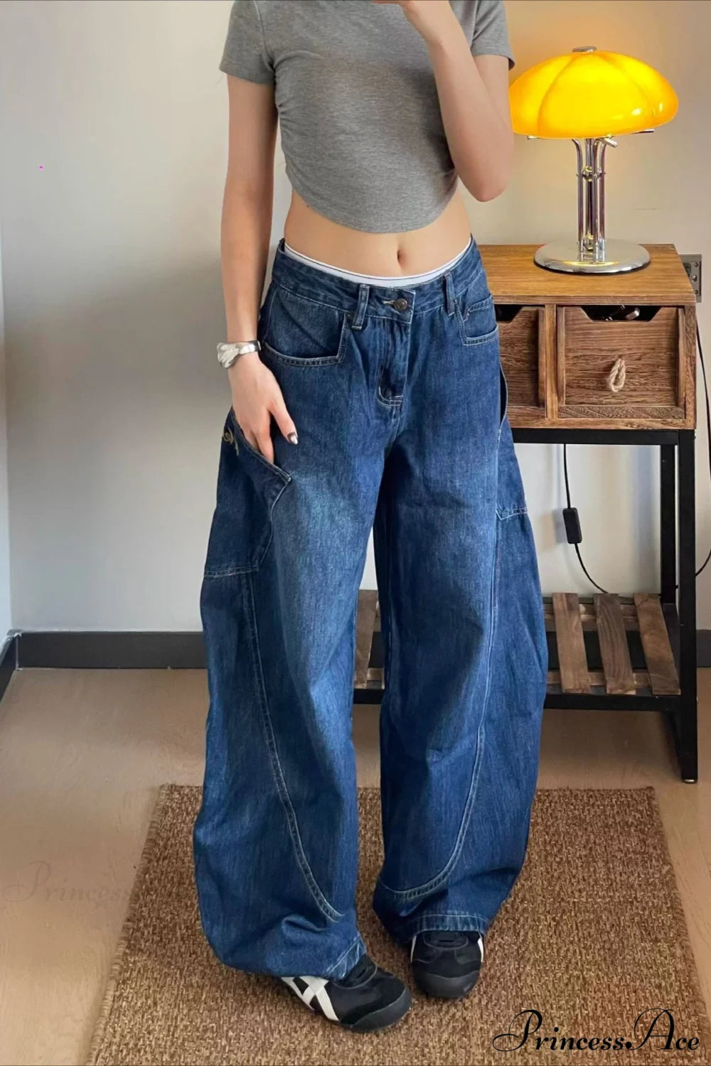 Curved Denim High Waist Loose Cargo Pants Blue / S