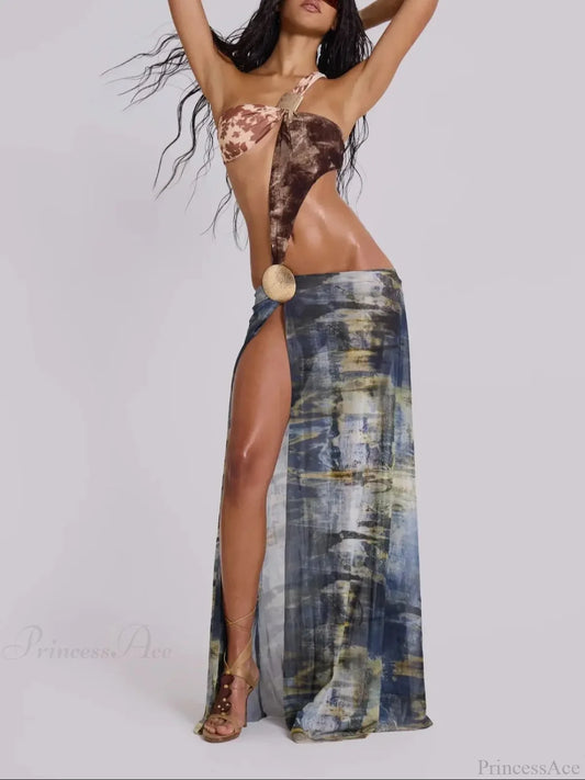 Cut Out Mesh Print Long Bikini Set khaki / S