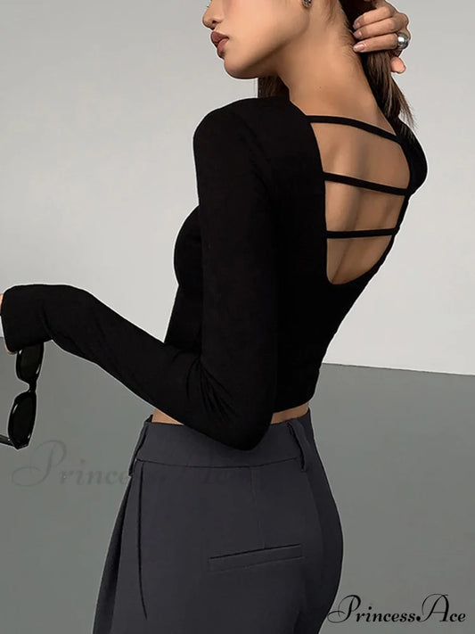 Cut Out Open Back Modern Long Sleeve Crop Top Black / Xs T-Shirts
