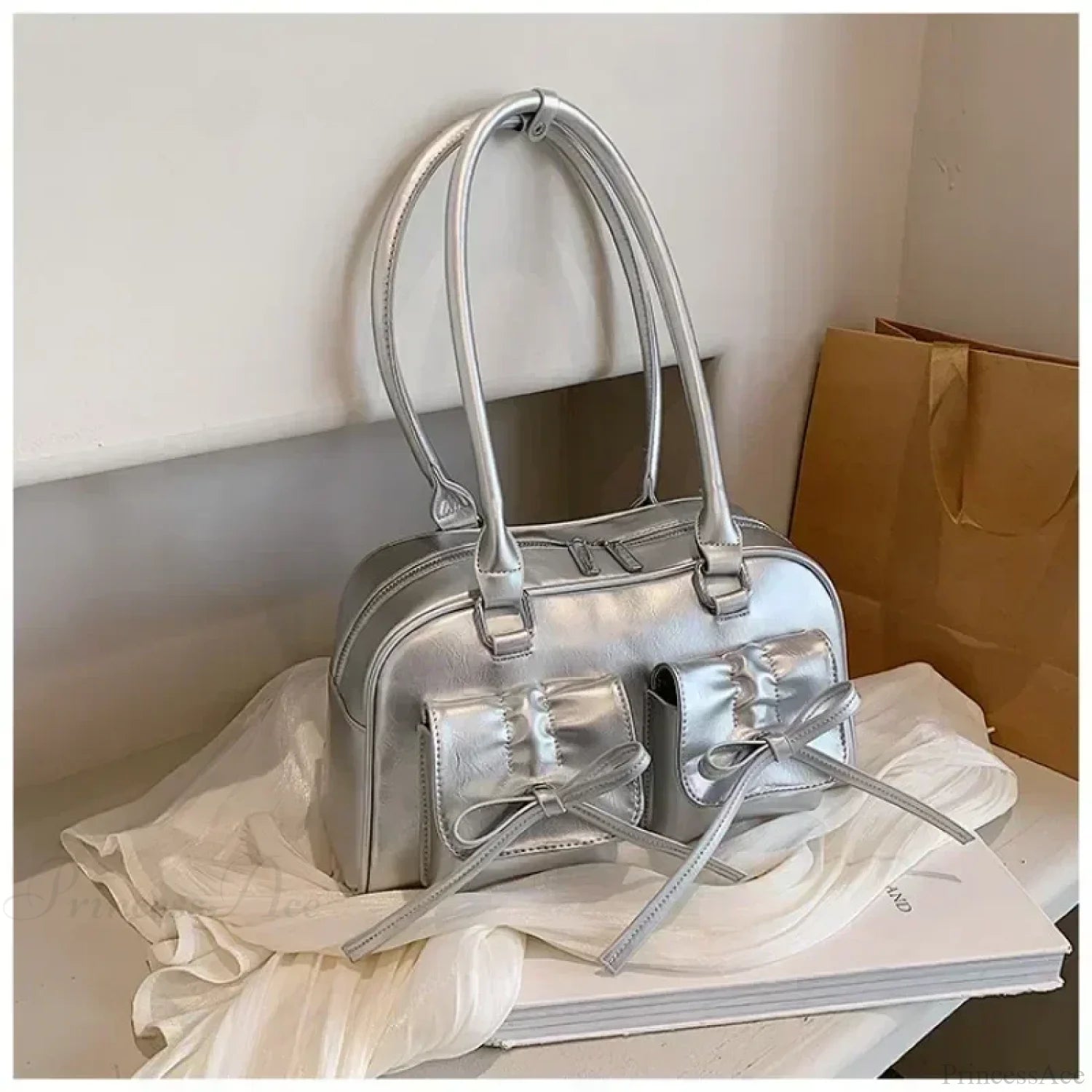 Cute Bow Tie PU Leather Underarm Shoulder Bag Silver / 30x17x10cm shoulder-250126