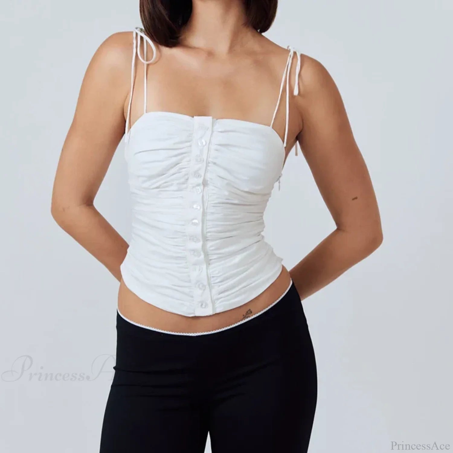 Cutest Backless Summer White Tank Vintage Buttons Ruched Tie-Up Y2K Crop Top croptop-250126
