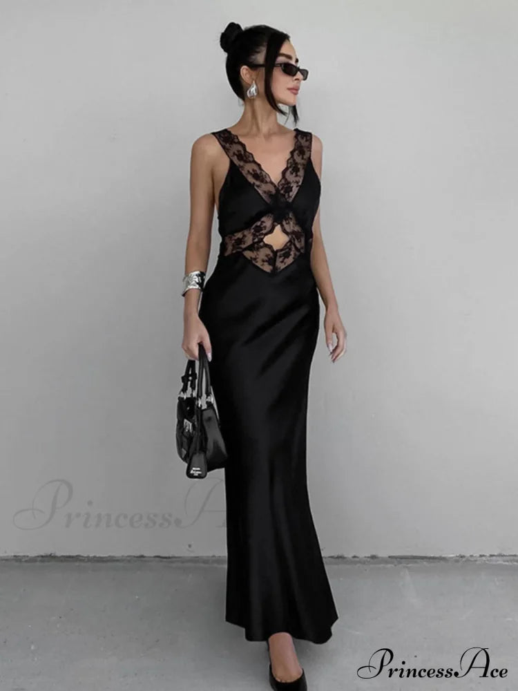 Cutout Lace Trim Trendy Stain Long Dress Dresses