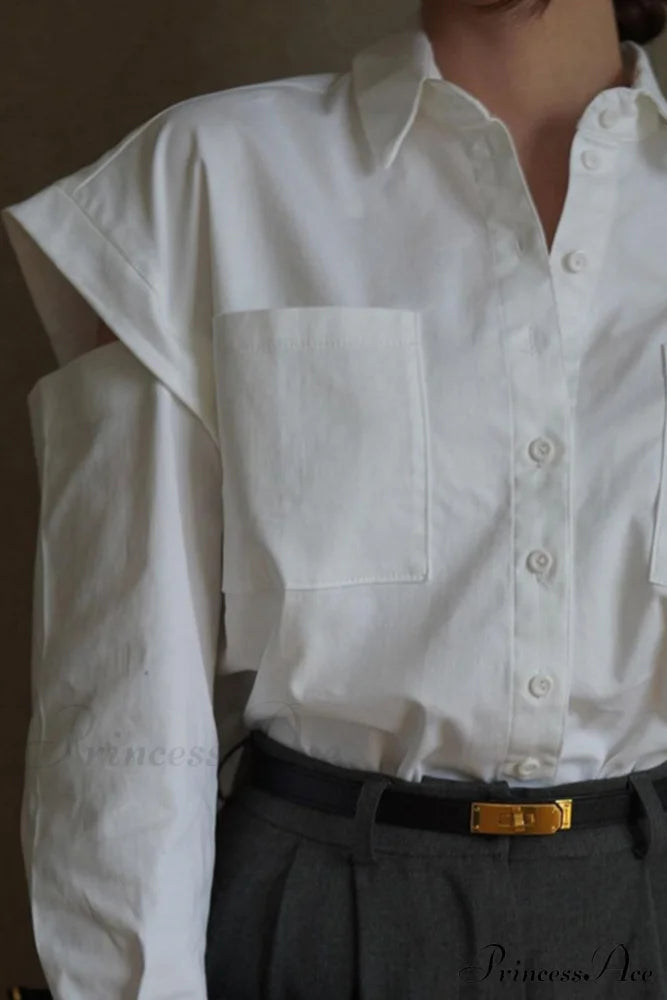 Cutout Long Tops Blouse White With Sleeves Blouses