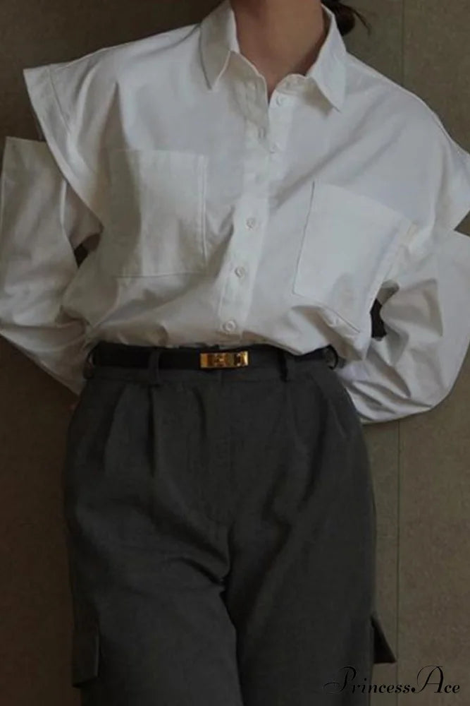 Cutout Long Tops Blouse White With Sleeves / L Blouses