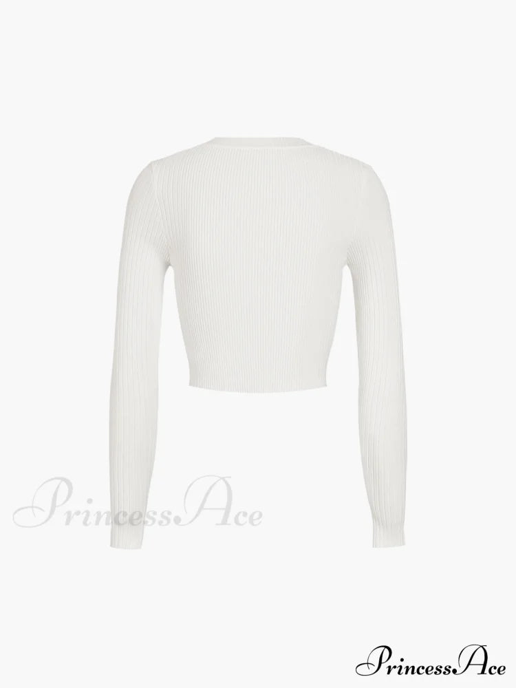 Cutout Split Beads Trendy Detail Ribbed Knit Top Sweaters-L