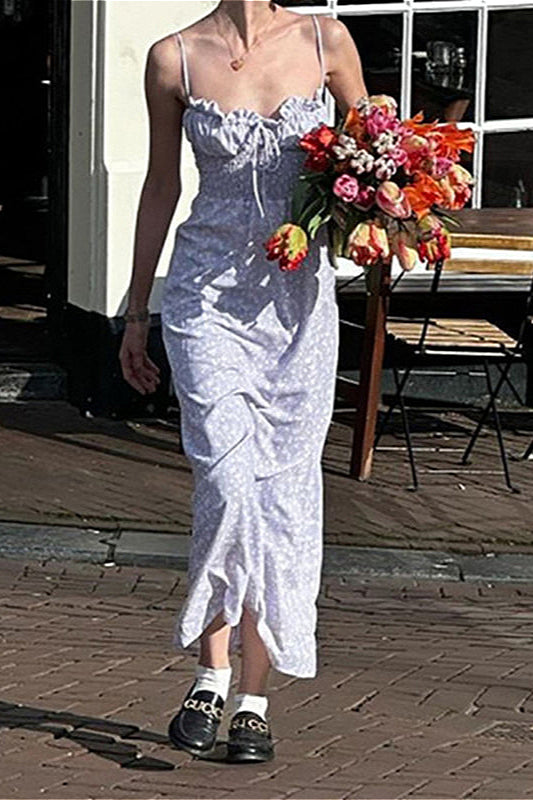 Rüschen-Maxikleid mit Spaghettiträgern und Blumenmuster