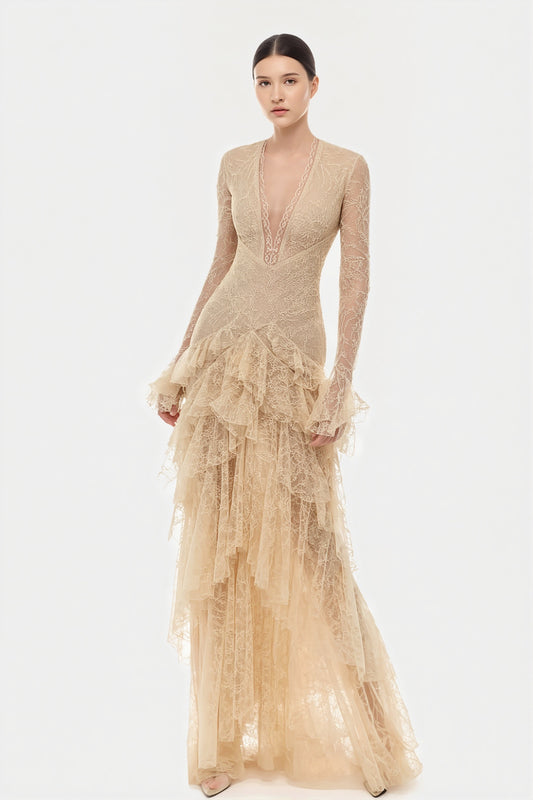 Lace Bell Sleeve Tiered Ruffle Maxi Dress
