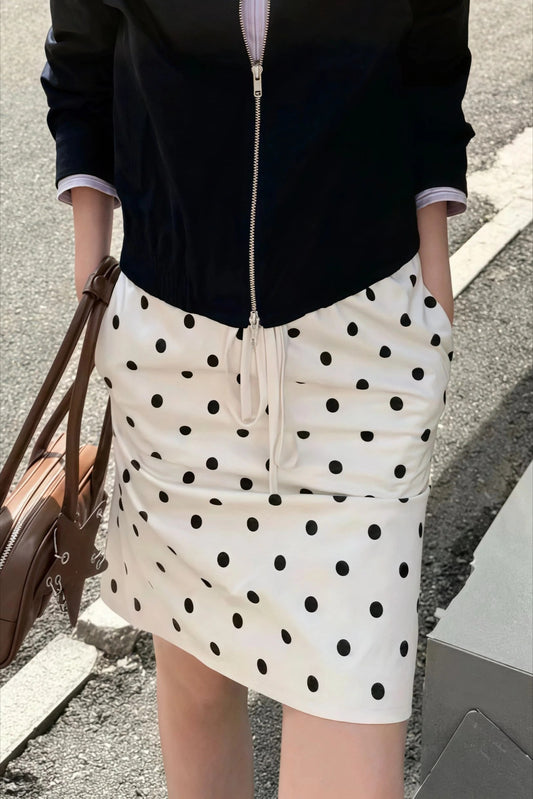 Vintage Satin Polka Dot Drawstring Midi Skirt