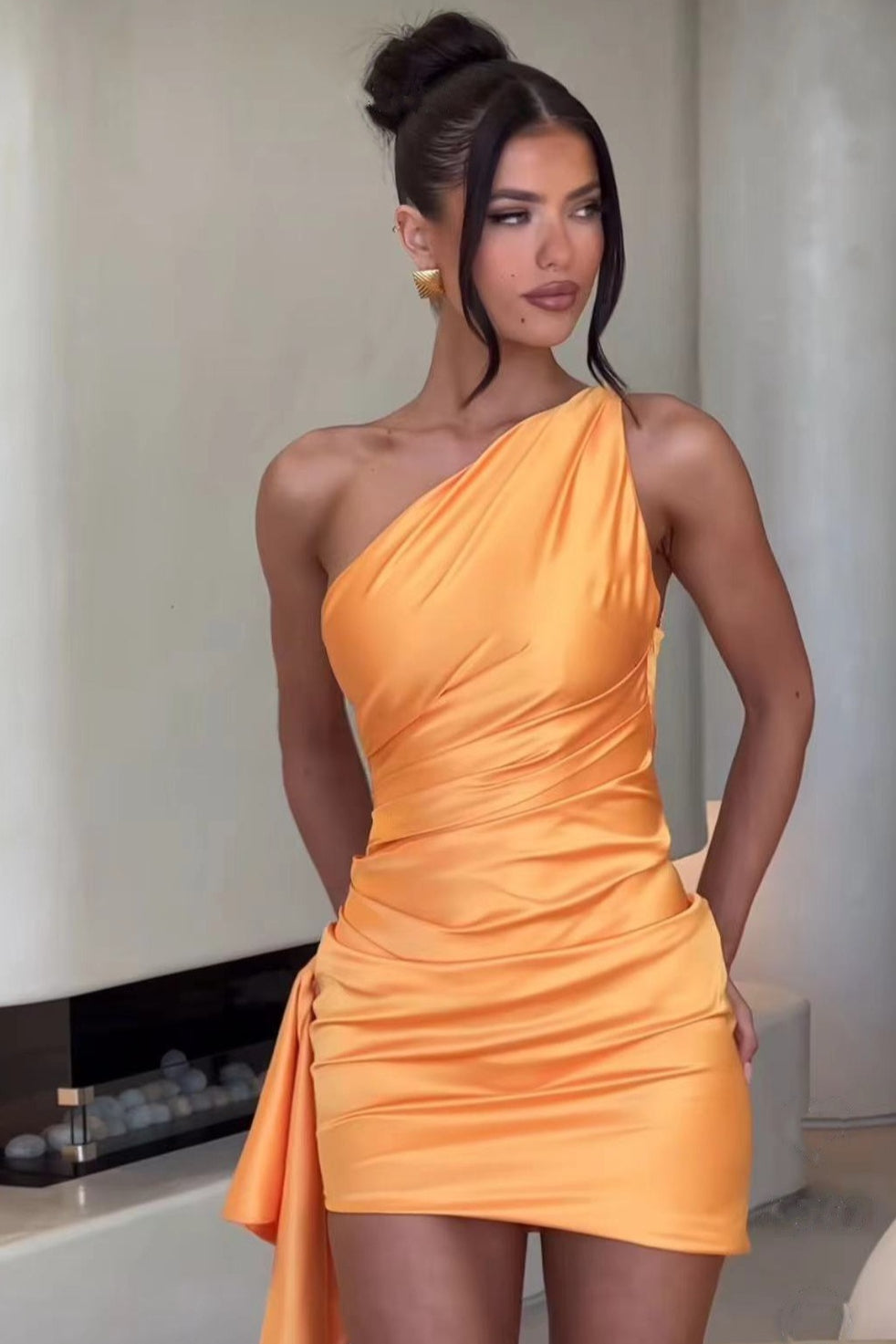 One-Shoulder Bodycon Cocktail Dress S / Orange