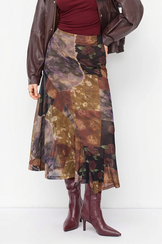 Floral Mesh Asymmetric Slit Midi Skirt