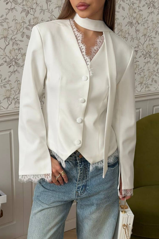 Lace Trim Fitted Single Breasted Blazer