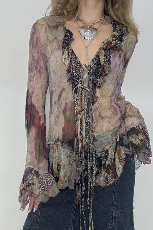 Bluse mit kontrastierendem Netzstoff im Vintage-Print zum Binden