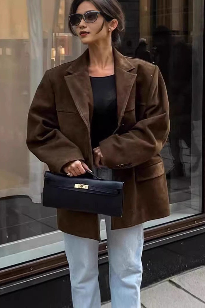 Casual Suede Finish Longline Jacket S / Brown