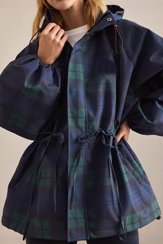 Plaid Hooded Drawstring Waist Coat