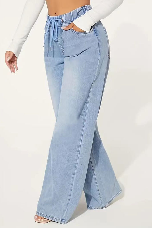 Jeans mit weitem Bein und hoher Taille und Kordelzug