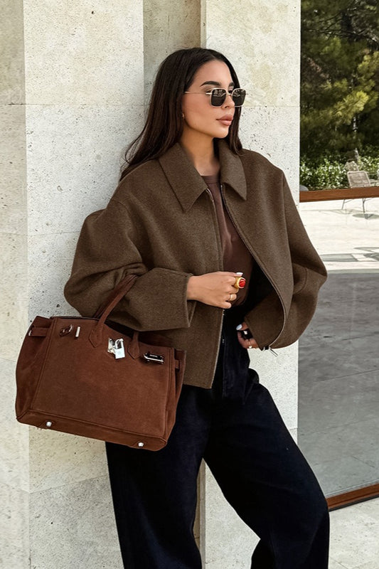Collared Zip Wool Blend Jacket