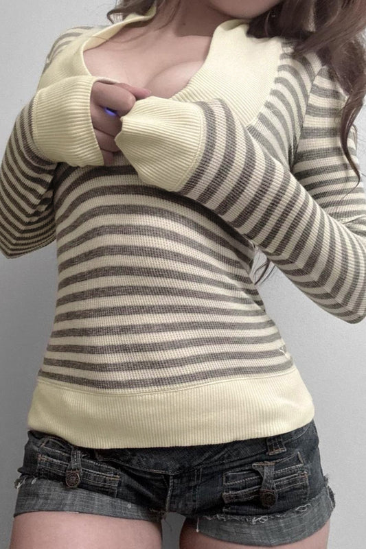 Waffle Striped Patchwork Color Block Long Sleeve Tee