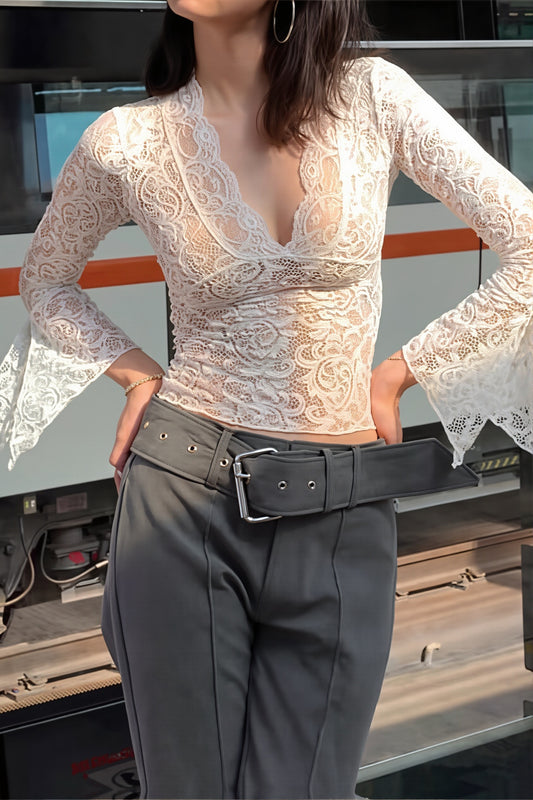 Elegant Lace V Neck Flare Sleeve Blouse