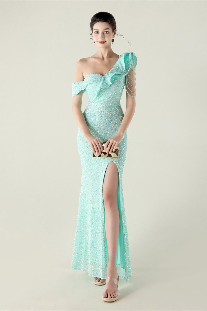 Draped One Shoulder Ruffle Formal Dress